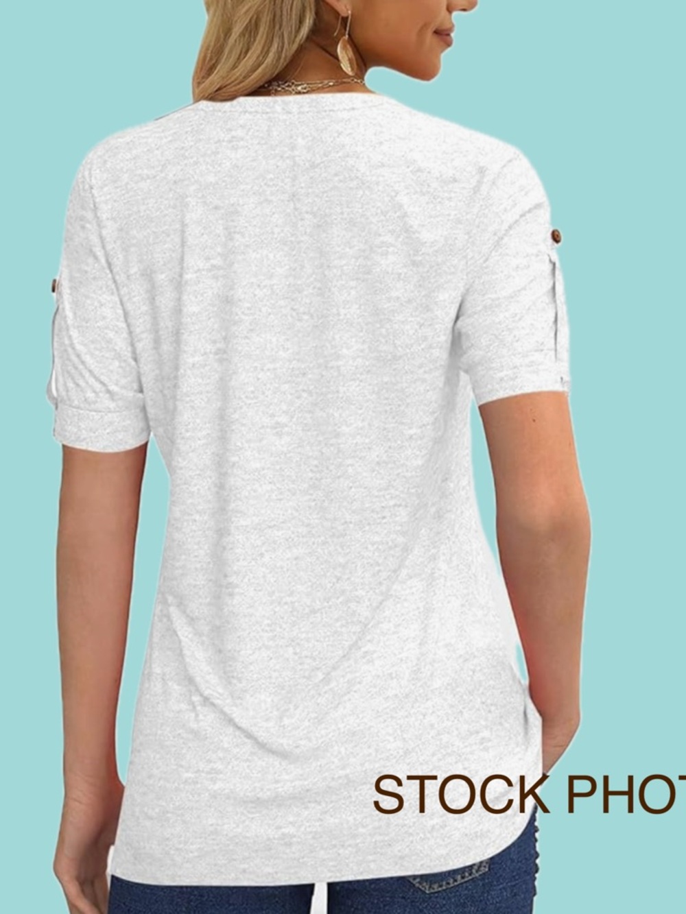 Women's Summer Pleated Button Short Sleeve T-Shirt Summer V-Neck White Tunic Top - Picture 3 of 10